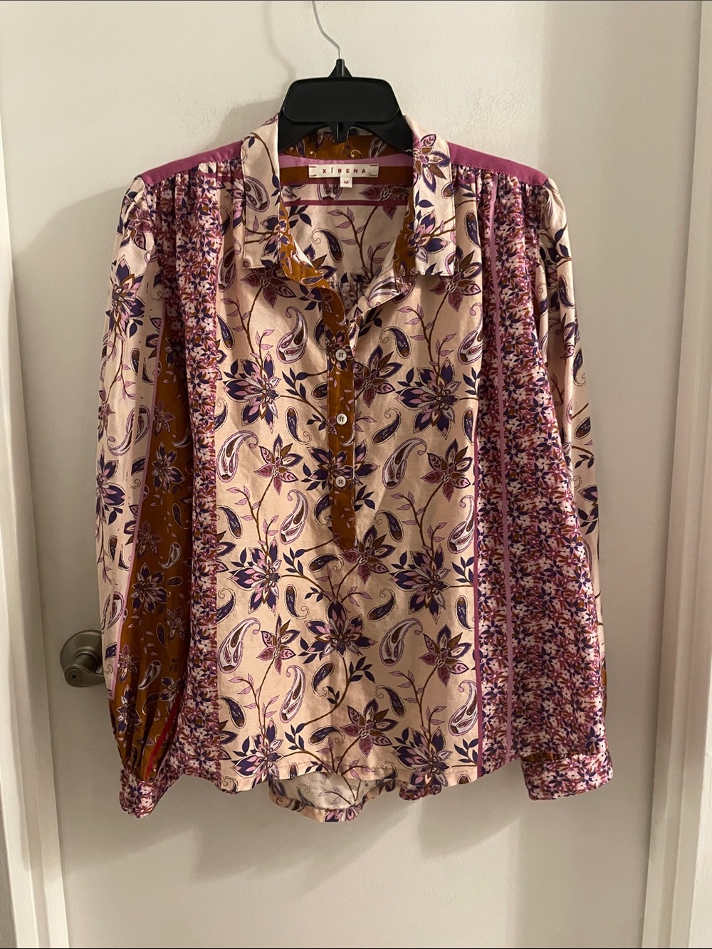 XiRENA med Kiera multi color paisley floral Henley Neck Cotton Silk shirt Blouse